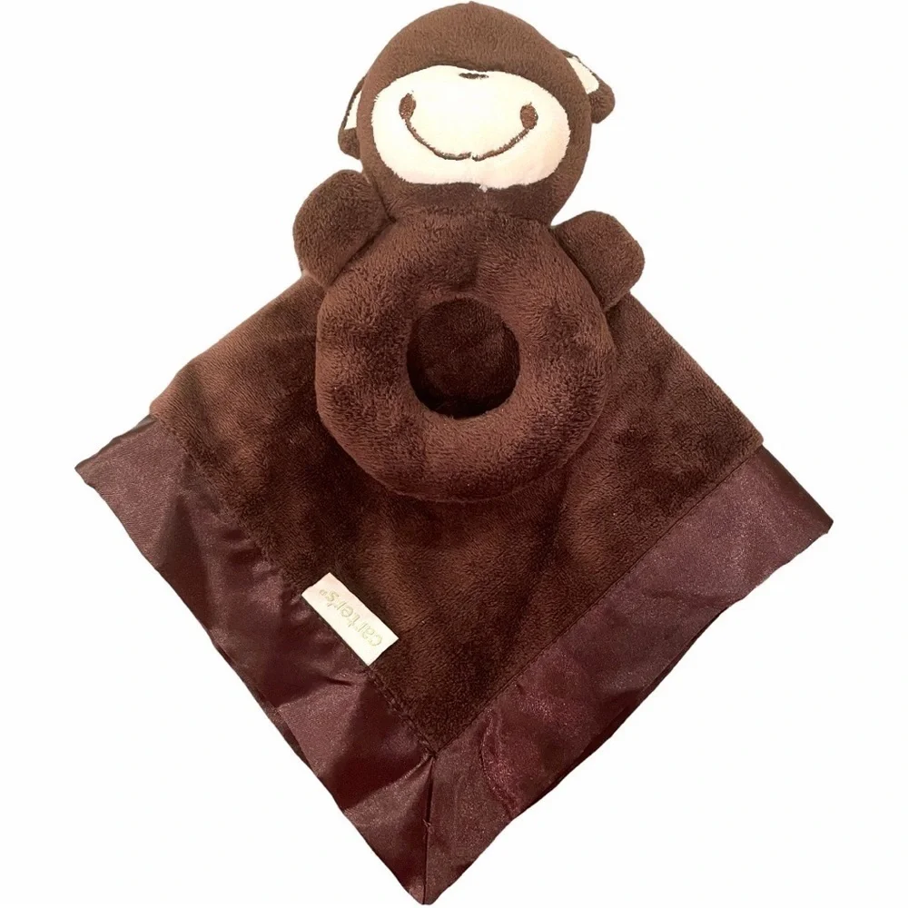 CARTERS Monkey Baby Lovey Security Blanket Rattle Brown Soft Plush Satin Back